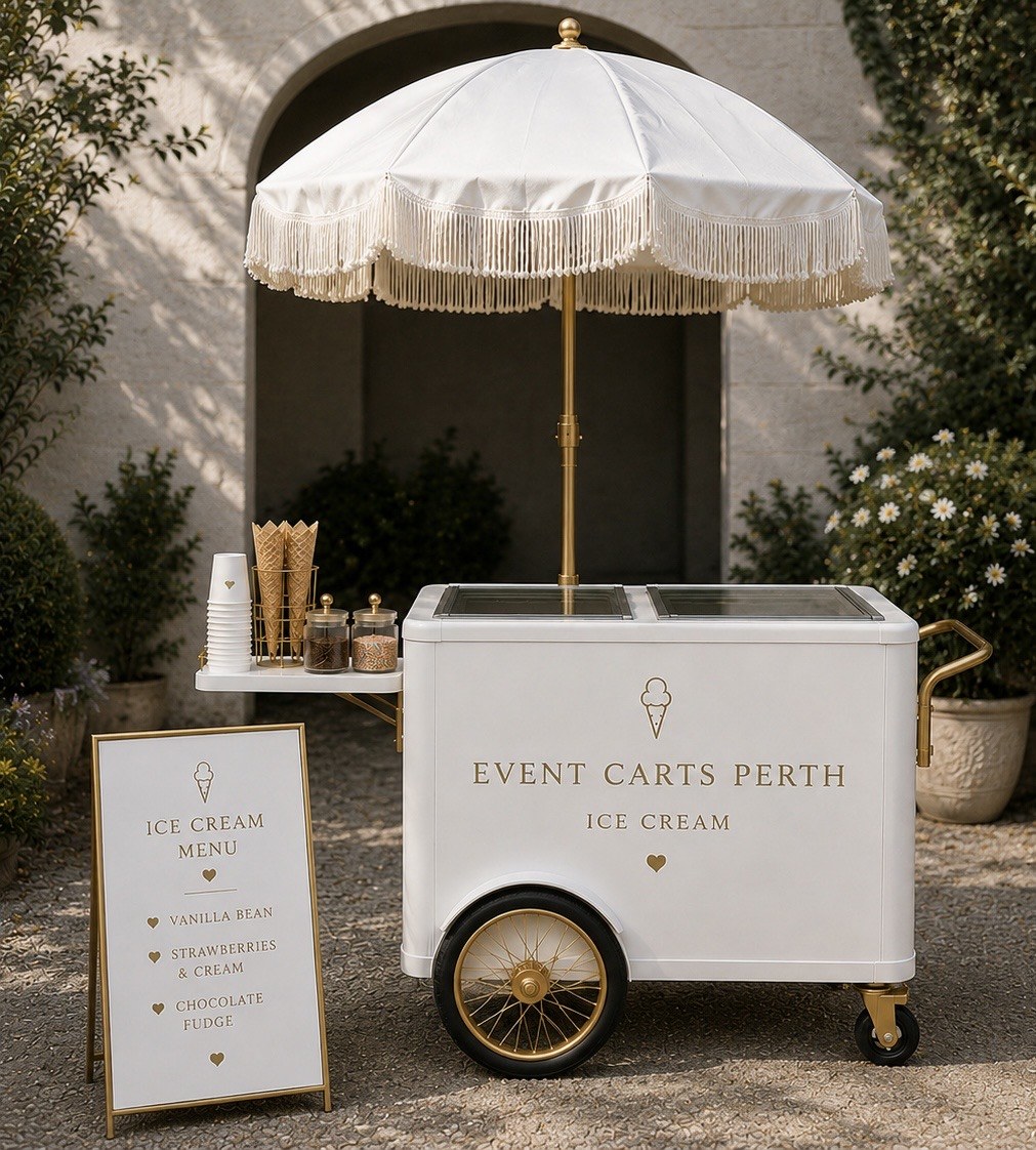 Ice cream cart served by a team member with cones and cups