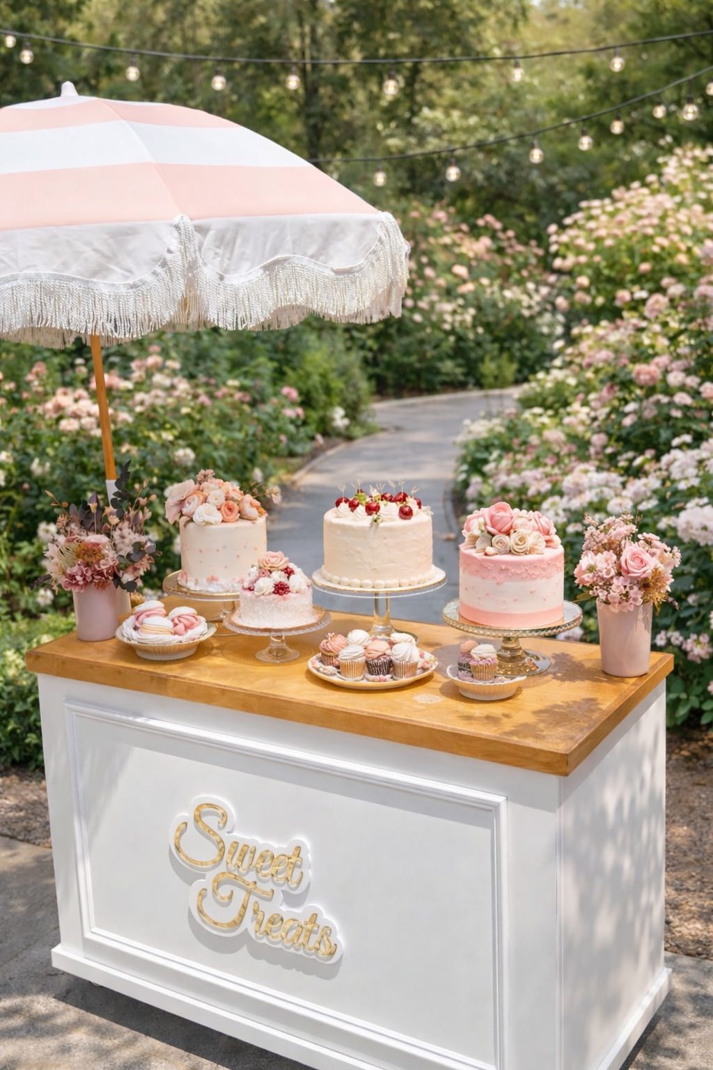 Sweet treats cart in rose garden with cakes, pink fringed parasol and gold lettering