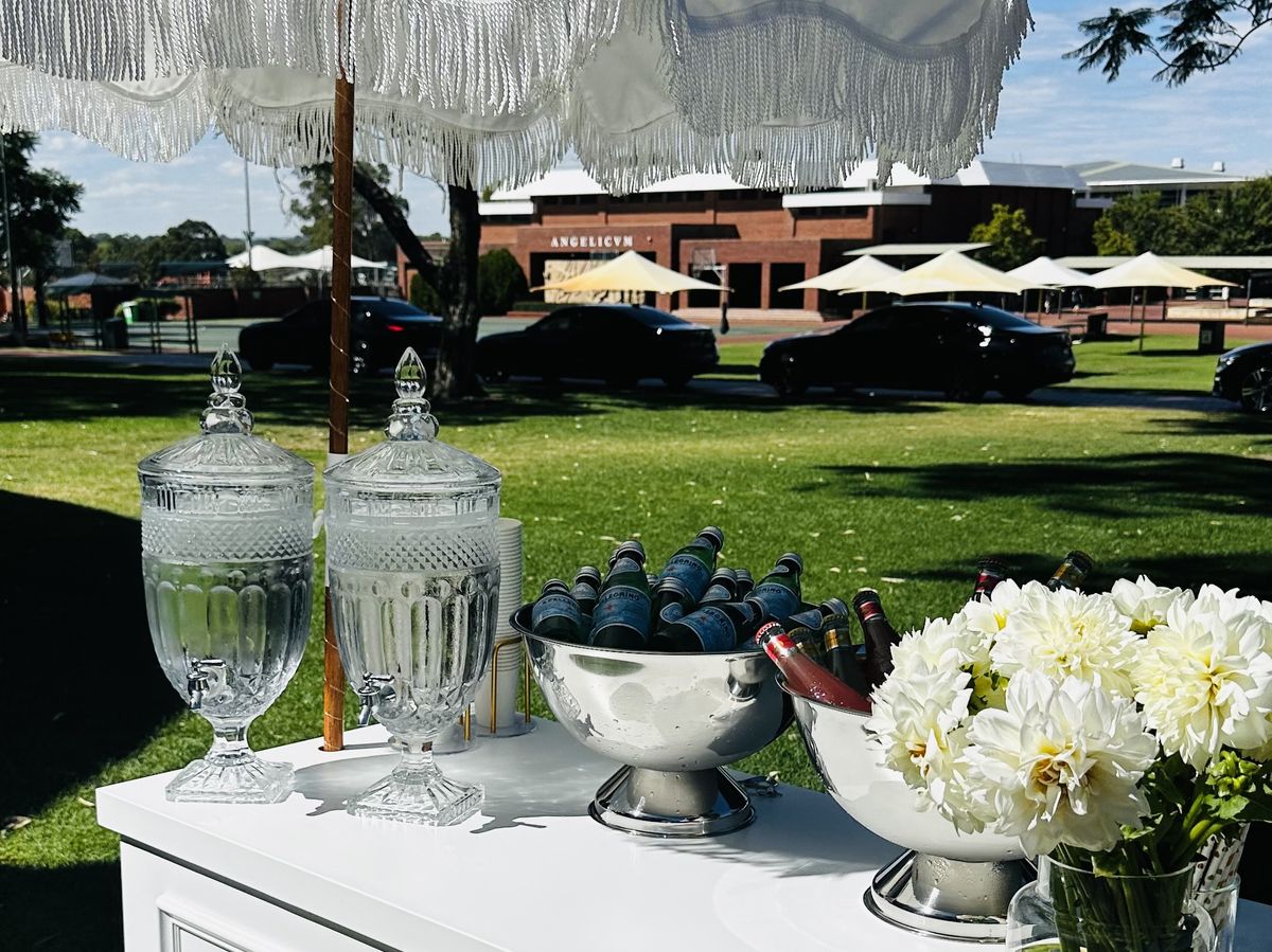 Full outdoor event setup with multiple styled carts